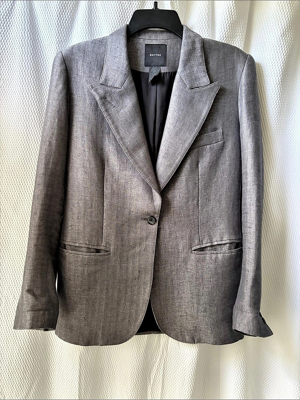 SMYTHE Three-Button Herringbone Linen Blazer Gray XS